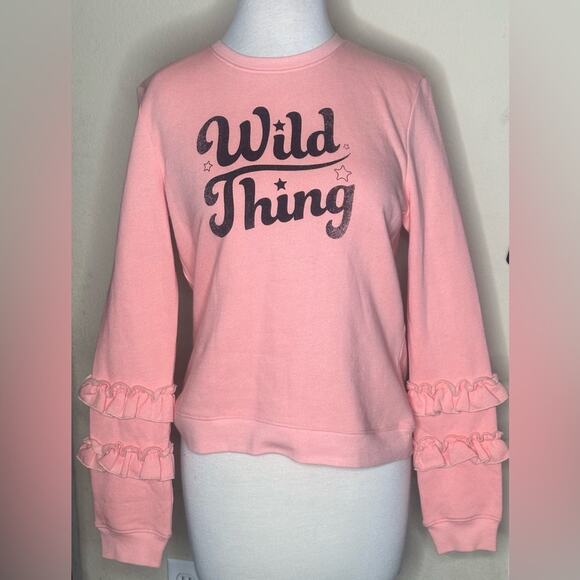 REBECCA MINKOFF NWOT PEACHY WILD THING MESSAGE SWEATSHIRT RUFFLES on ARMS SWEET - Picture 1 of 6